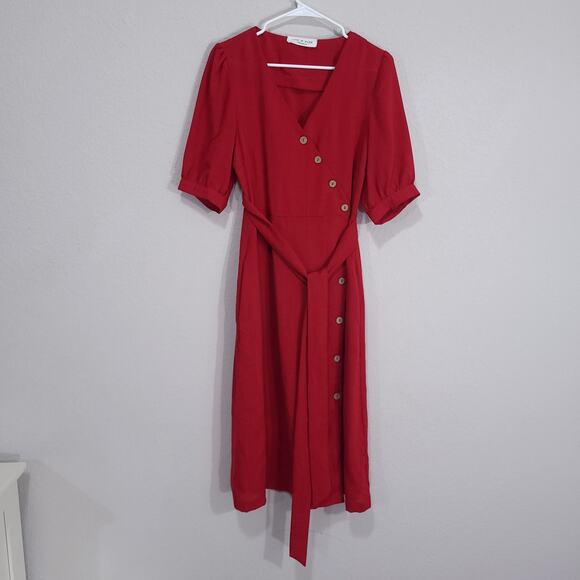 Love Kuza Dress Womens Small Red Midi Below Knee Cotton Linen Summer Office - Picture 1 of 15